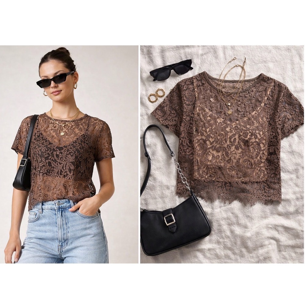 BKE Boutique Brown Lace Short Sleeve Sheer Top BTQM46071 Womens Large Boho Chic - Picture 4 of 9